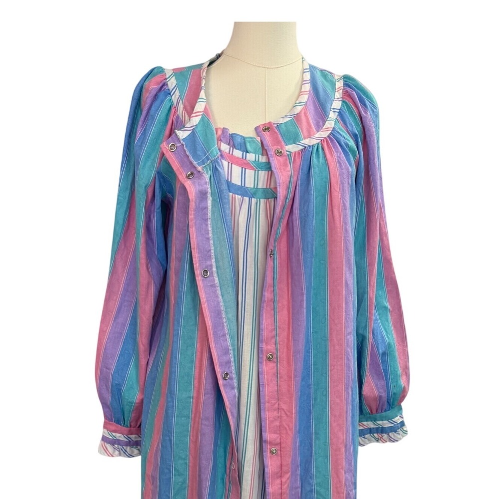 Vintage 70s 80s Barad Co Pastel Striped Robe Nightgown Peignoir Set S ILGWU